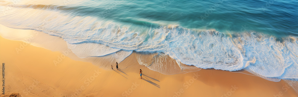 ocean shore, foamy waves, crashing waves, Above blue ocean, golden sand, Overhead photo, Ocean Wave
