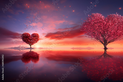 Landscape at sunrise with a heart-shaped tree.