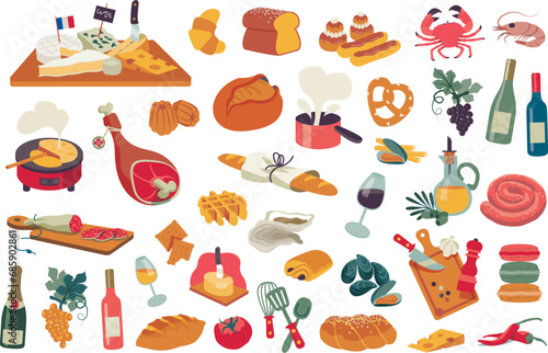 Bundle icons of french food specialities. Bakery, bread, croissant, wine and cheese. Vector illustration isolated on a white background. photo