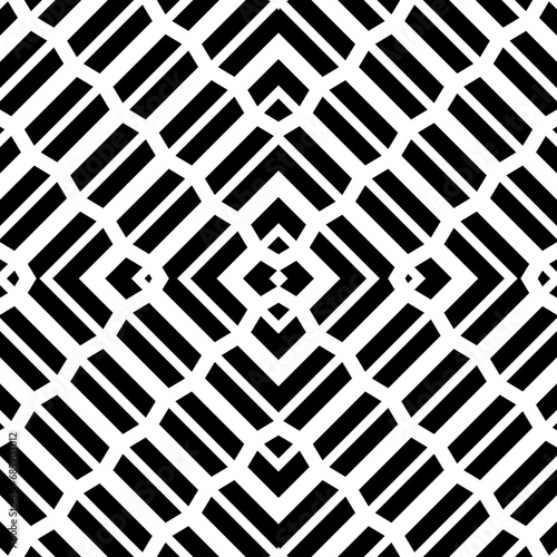 Repeated black geometric figures on white background. Seamless surface pattern design with symmetrical trapeziums and brackets ornament. Polygons wallpaper. Diagonal dashed and lines motif. Vector art