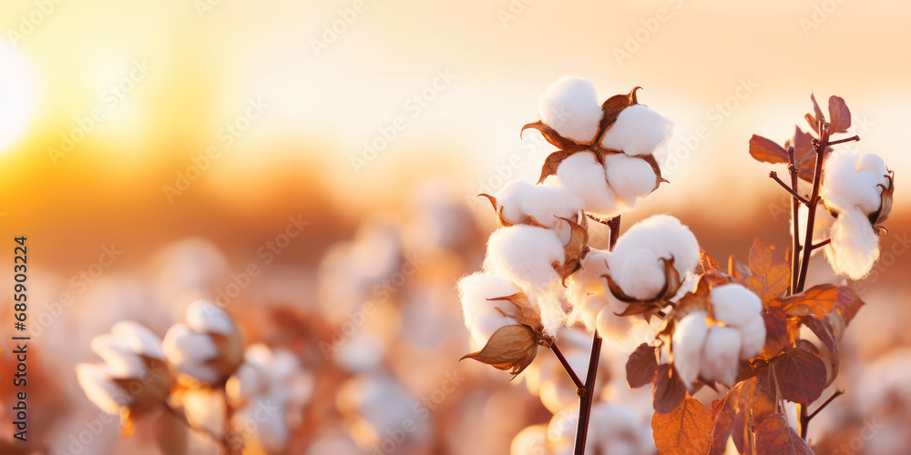 Closeup of cotton balls on a branch in a sunshine rays on the summer field. Generative AI - obrazy, fototapety, plakaty 