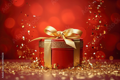 caja regalo  redonda de color rojo con lazo dorado entre confeti y fondo rojo con bokeh photo