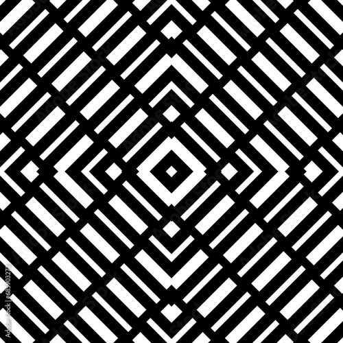 Repeated white geometric figures on black background. Seamless surface pattern design with symmetrical rectangles and rhombuses ornament. Polygons wallpaper. Diagonal dashed lines motif. Digital paper