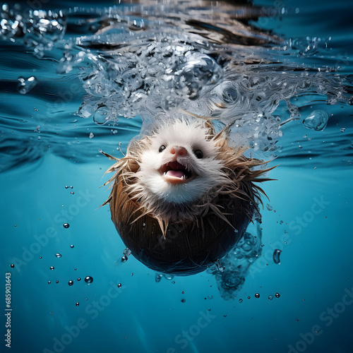 An animal in a coconut, swimming underwater. Abstract concept. photo