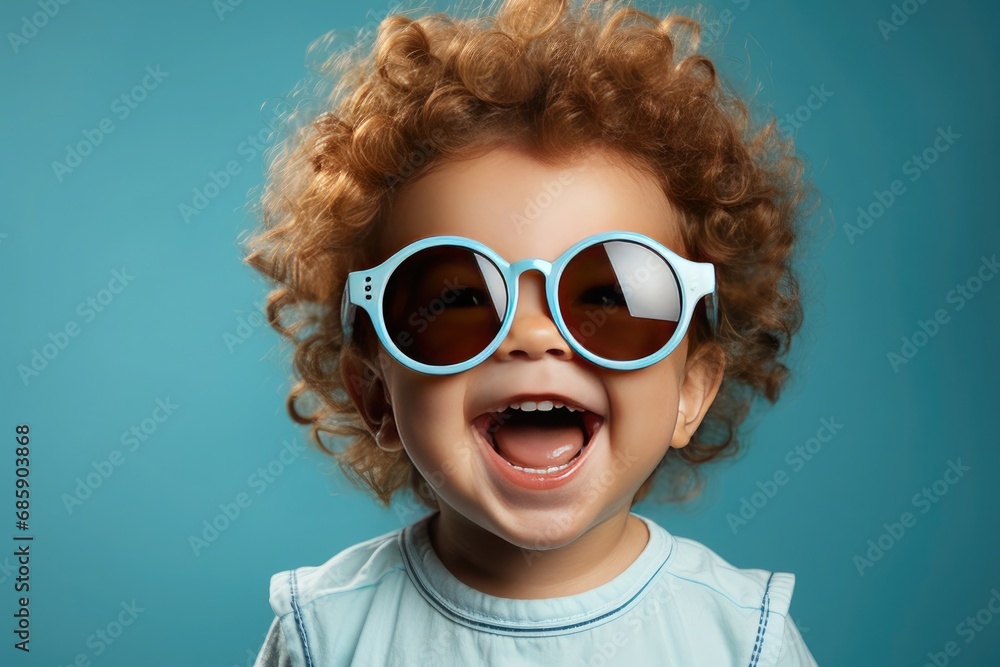 happy baby with blue sunglasses on blue background happy baby with blue sunglasses on blue background