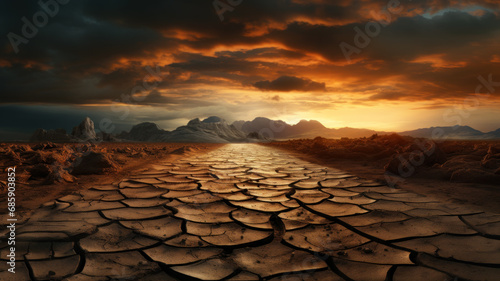 Landscape of dry cracked road at sunset, old path perspective view. Scenery of drought, wasteland, deserted earth. Concept of soil, ground, global warming, nature, climate change