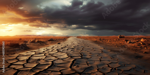 Landscape of dry cracked road at sunset, drought panoramic perspective view. Scenery of wasteland, deserted earth. Concept of soil, ground, global warming, nature, climate change