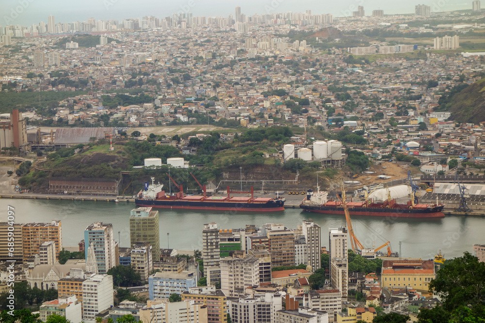 Peiu Port Terminal and Vila Velha town, panoramic view. ES, Brazil