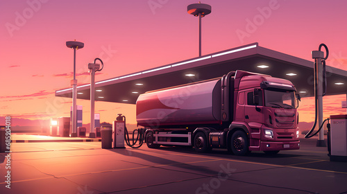 Truck parked on gas station at sunset photo