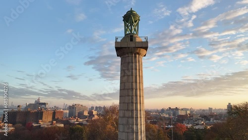 Aerial shot of the Prison Ship Martyr's Monument in Fort Greene Park, Brooklyn. Shot on an autumn morning at sunrise.