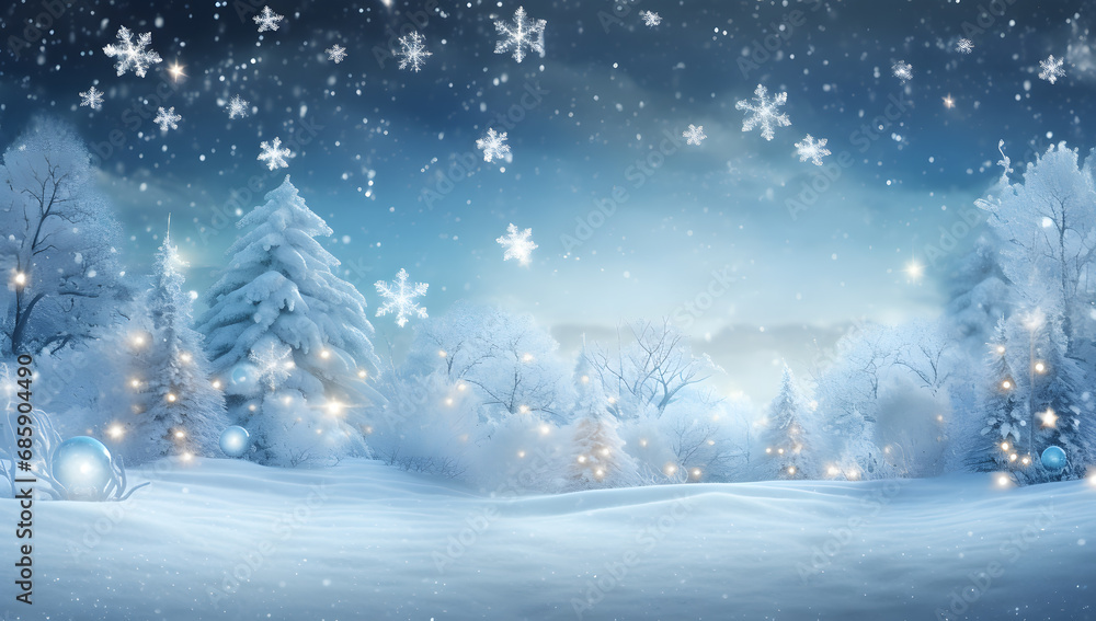Winter landscape with snow covered trees and snowflakes. Christmas background