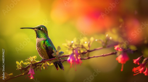 colorful hummingbird on a branch with blurred abstract bokeh flare background