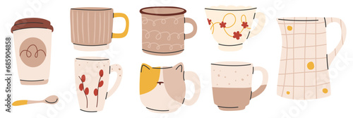 Collection of various modern cups, jewelry design elements vector flat illustration. Beige tableware set. Cute fashionable tableware mugs, teapot and spoon