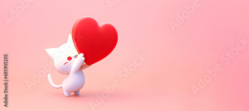 Cat with red heart in 3d style. Romantic background for Valentines day, happy wedding, birthday. Copy space