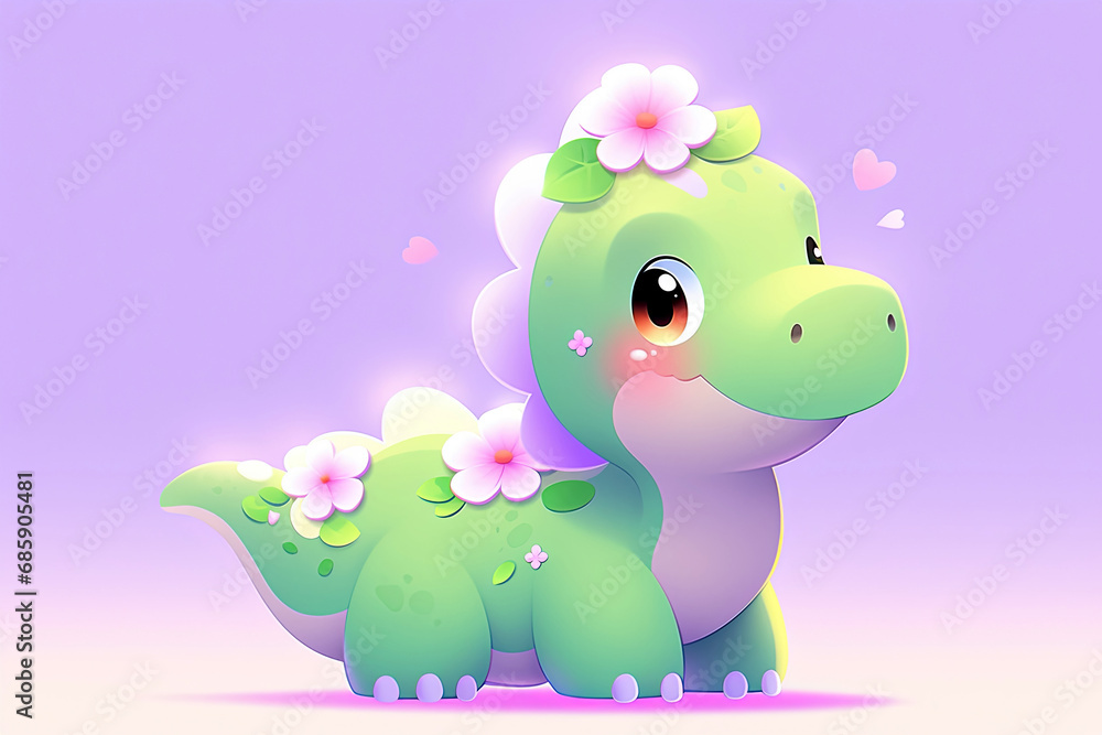 Cute green dinosaur on purple background. 3d illustration style.