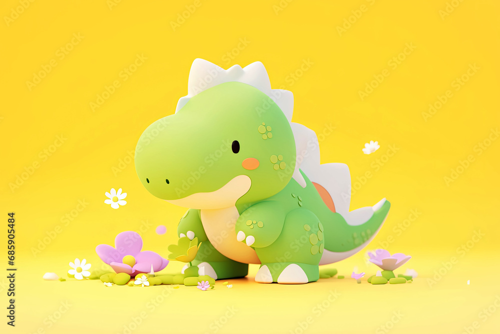 Cute green dinosaur on yellow background. 3d illustration style. Cute green dinosaur on yellow background. 3d illustration style.
