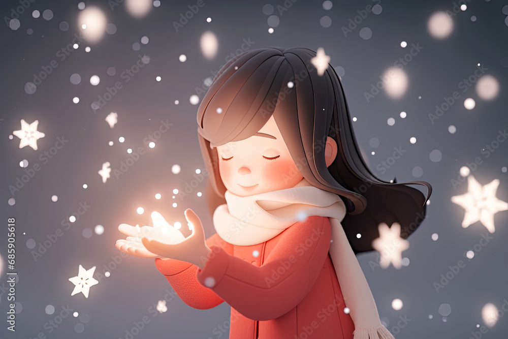 Woman catches snowflakes with her hand in winter. 3d illustration style Woman catches snowflakes with her hand in winter. 3d illustration style