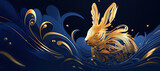 2023 Year of the rabbit by brush stroke abstract paint continuous line gold gradient isolated on dark blue background