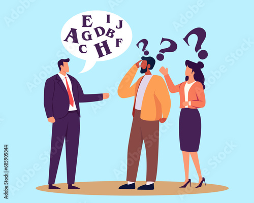 Jargon, communicate with technical word or hard to understand language, complicated conversation, difficult to explain