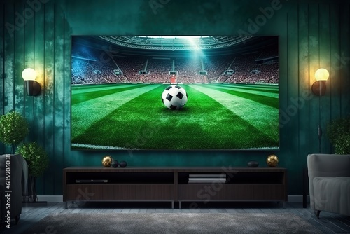 TV with Soccer Match on Big Flat Screen Televison Set. Live Broadcast of Football World Championship Finals on Sports Channel. Stylish Apartment Living Room  photo