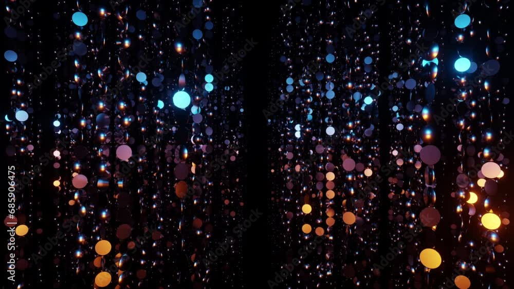 Corridor of sparkling blue and orange particles bokeh or glitter garland vj loop 3d render. Holidays background, spotlight overlay for christmas card, music nightclub, award ceremony, geometric