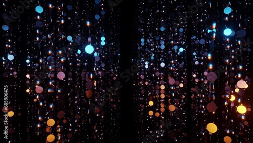 Corridor of sparkling blue and orange particles bokeh or glitter garland vj loop 3d render. Holidays background, spotlight overlay for christmas card, music nightclub, award ceremony, geometric