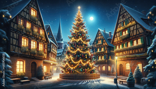 Seasonal Illustration - Christmas Tree in the Town Square, on a Cold Winter Evening