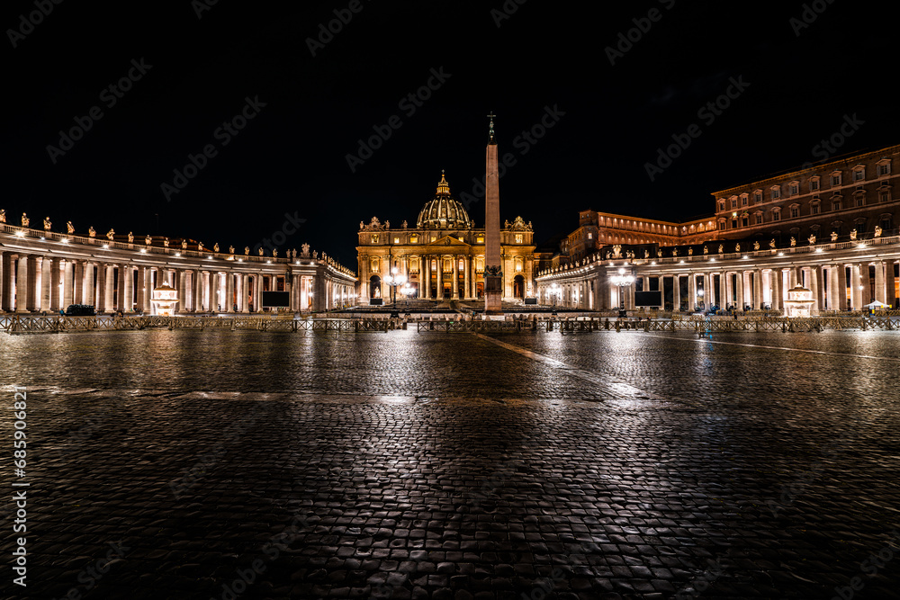 St. Peter's Square and St Peter's Basilica at night.  Vatican City