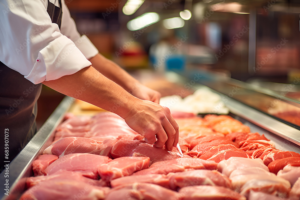 Butcher arranging fresh chicken breasts at a meat counter, culinary selection in progress