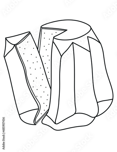 Classic pandoro doodle drawing, italian christmas cake with slice. Black and white vector illustration with outline. Christmas coloring page book for kids