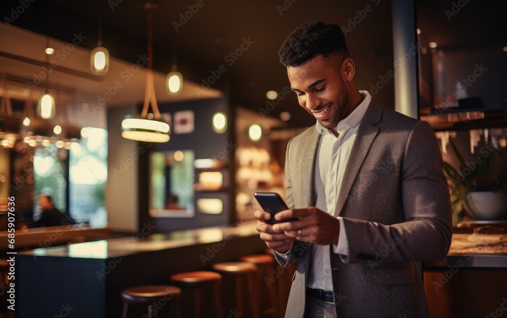 Stylish young businessman completing an online purchase from his state-of-the-art smartphone Stylish young businessman completing an online purchase from his state-of-the-art smartphone