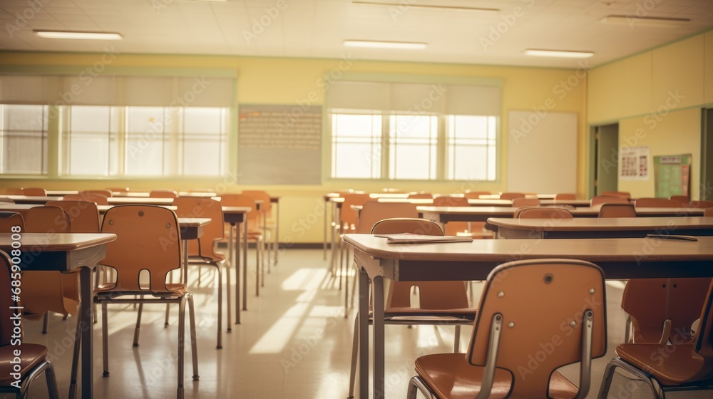 Detailed view of an empty classroom with chairs and tables Detailed view of an empty classroom with chairs and tables