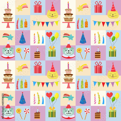 Pattern with holiday attributes. Happy birthday. Party hat  lollipop and cake  cute dog and cat  balloon and gift box. Vector with colored blocks. For packaging  textiles  wrapping paper and