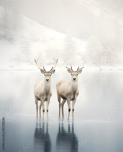 Two reindeers stand in the water on a mountain lake, foggy muted snowy winter landscape. Photo of winter wildlife animals and nature. Design for greeting card, poster, print with copy space. © Irina