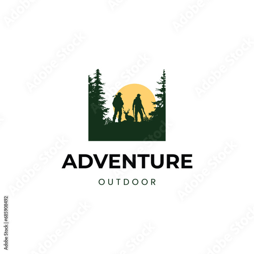 Adventure hiking logo vintage with sunset design vector 