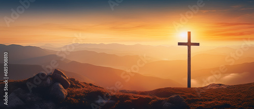 fondo hermoso de paisaje al atardecer con una cruz de madera entre montañas photo