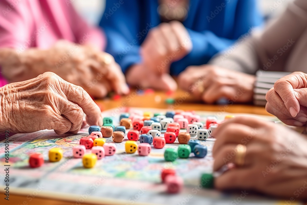 Elderly people spend their free time playing board games, detail.