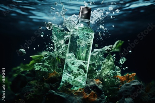 Water vividly laps around a clear bottle, surrounded by deep green underwater plants.