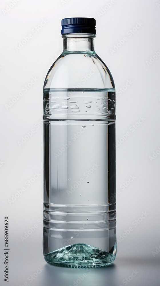 Transparent, fully filled glass bottle on a light background with a screw cap. Transparent, fully filled glass bottle on a light background with a screw cap.