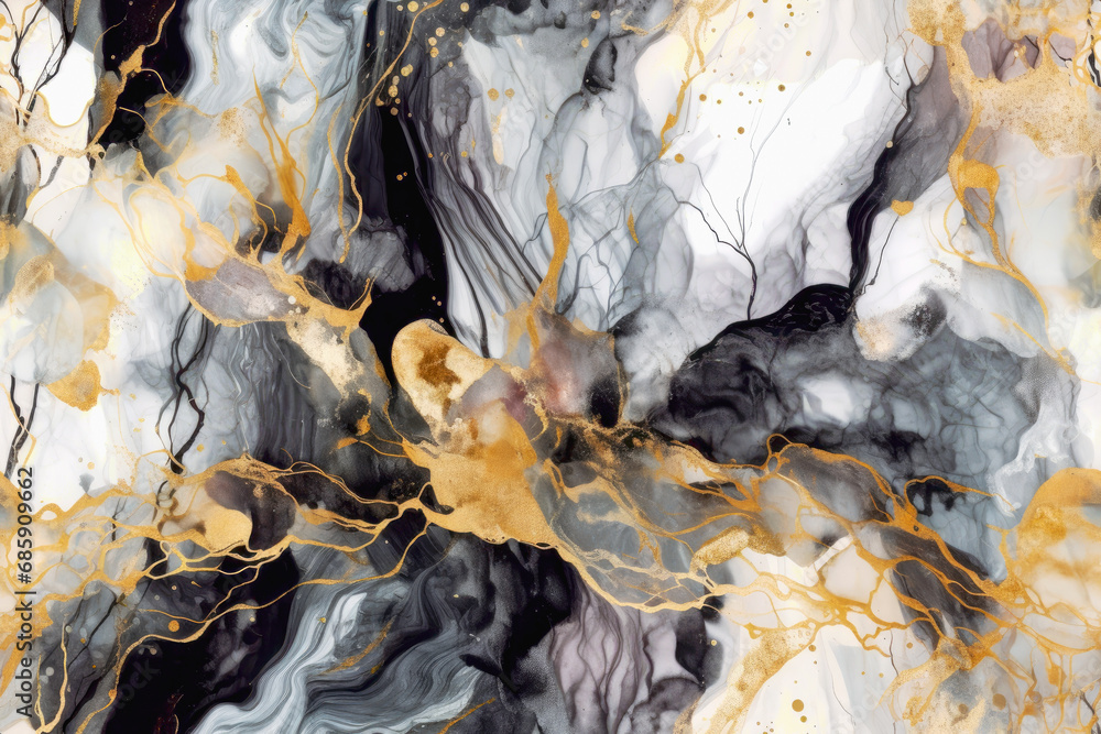 Seamless black color and gold glitter alcohol ink pattern design. Generative ai