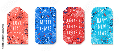 Christmas ornate trendy red blue colored tags. Merry X-mas, Happy New Year, fa la la quotes on the background with spruce twigs, snowflakes, mistletoe and rowan berries. EPS 10 vector gift card design photo