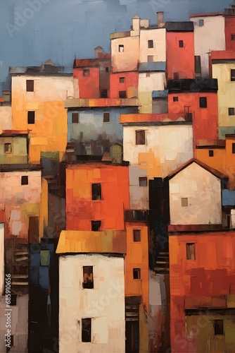 oil painting of impasto technique of complexly intertwined colorful slum town. generative AI photo