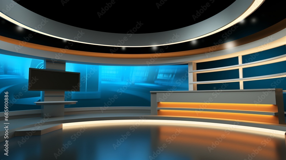 Tv Studio. Background for TV shows . News studio. The perfect backdrop for any green screen or chroma key video or photo production. 3D rendering. - obrazy, fototapety, plakaty 