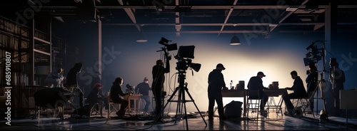 Film crew team lightman and cameraman working together with director in big studio, video production behind the scenes making of TV commercial movie