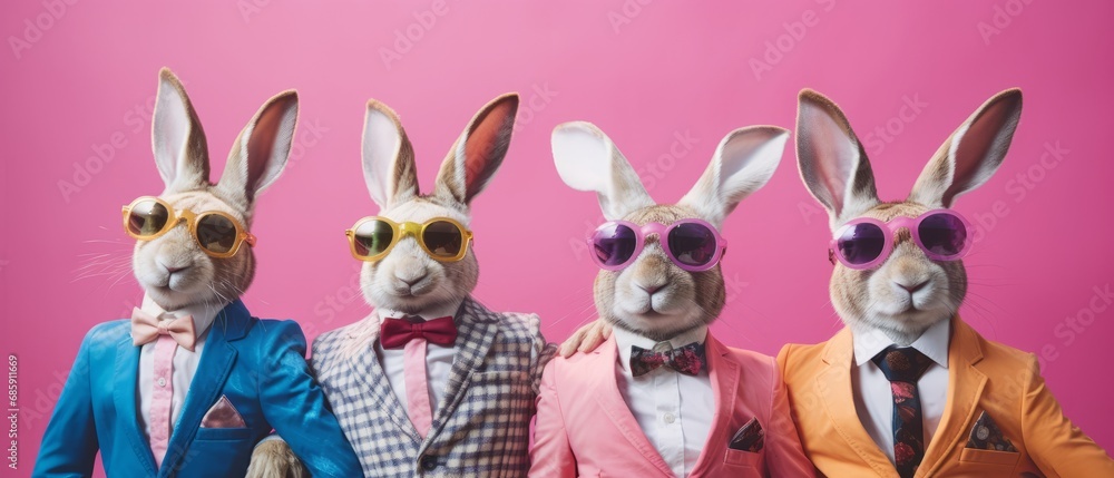 Rabbit Bunny in a group, bright fashionable outfits isolated on solid background