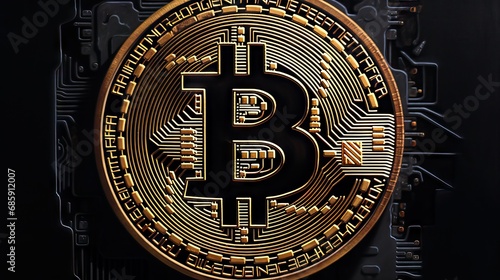illustration of a gold bitcoin on plain black background 