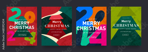 Christmas Set 2024 Year with Number, Geometric Tree in the Green, Red, Pink, Orange Colors. Background Modern Abstract Xmas Design for Social Media, Card, Poster, Banner, Cover. Special Offer 50%. photo