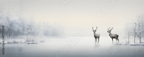 Two reindeers standing on the shore of the lake, foggy muted snowy winter forest landscape. Photo of winter wildlife animals and nature. Design for greeting card, poster, print with copy space. photo
