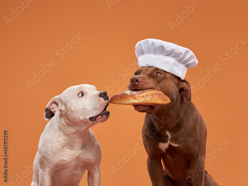 Chef dog sharing bread with a friend, a playful studio snapshot. Their cooperative spirit and eager eyes tell a story of canine camaraderie photo