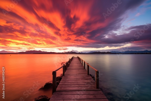 Fiery Sky at Sunset Over Lake with Wooden Pier